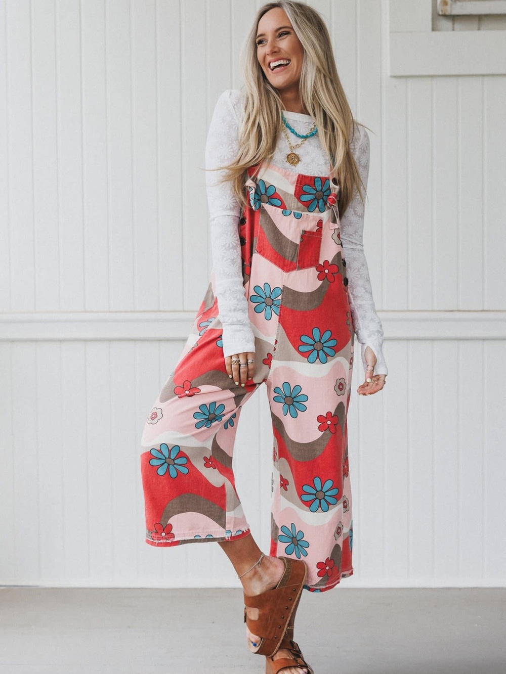 Easel Los Angeles Floral Retro Wide-Leg Jumpsuit Red and Pink Medium 100% Cotton